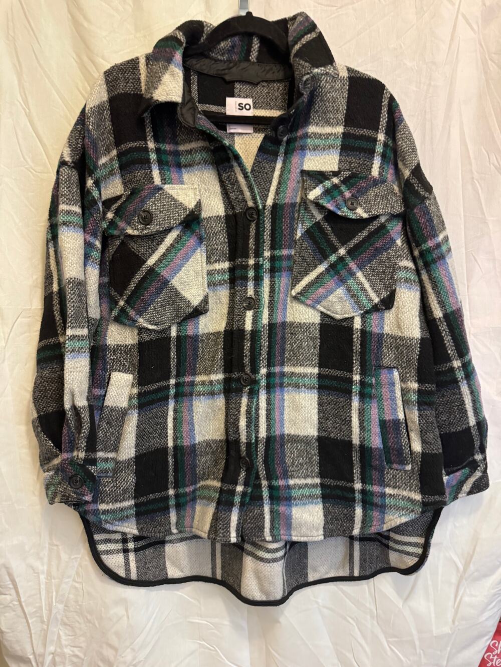 SO Plaid Shacket Womens Large Grey Black Pink Blue Button Front Flannel Jacket